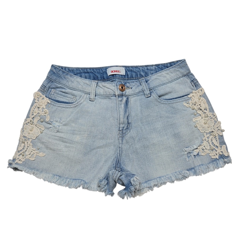Bongo Denim Shorts Womens 7 Blue Crochet Light Wash Pearl Boho Distressed Frayed